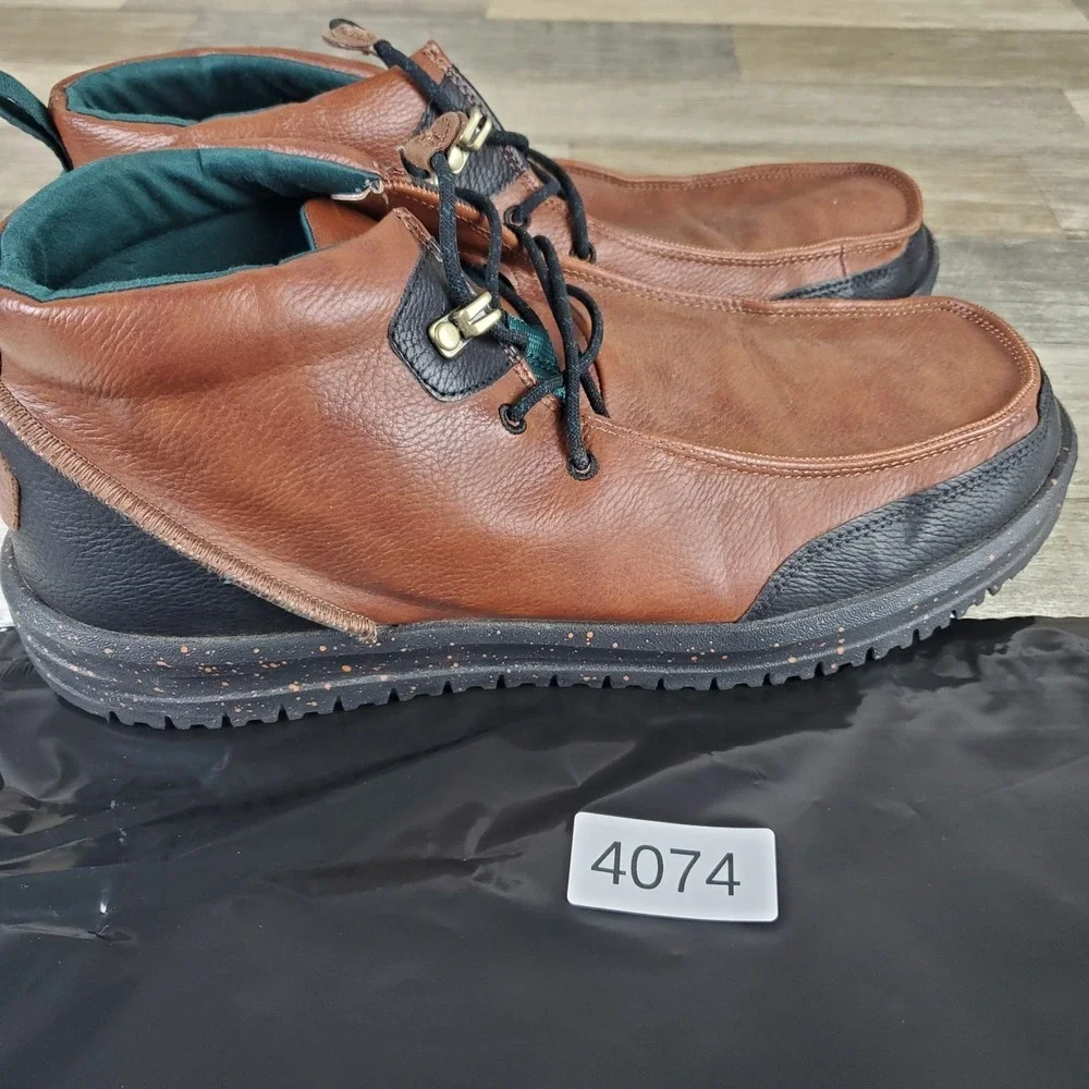 Hey Dude Bradley Mens Chukka Boots Sz 14 M Brown Black Leather Lace Up Mid‎ Top